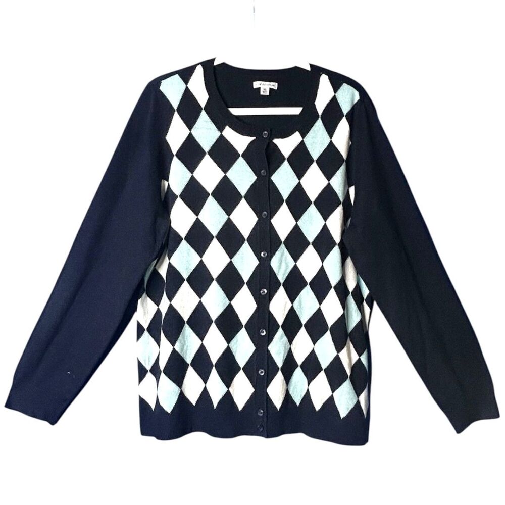 Croft&Barrow Womens Blue Diamond Argyle Cardigan Sweater XL Twee Preppy Academia